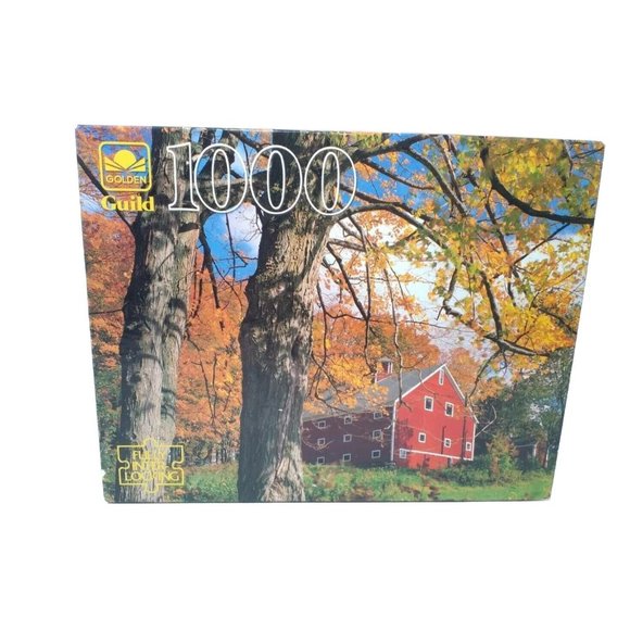 Jigsaw Puzzle 1000 Piece Golden Guild Peachum Vermont Barn Autumn Leaf Fall Wood - Picture 1 of 4